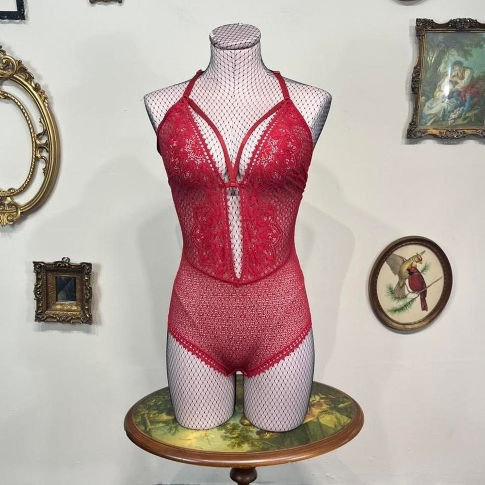 Intimissimi Red Lace Halter Bodysuit Lingerie Open Back Sheer One Piece Mens M
